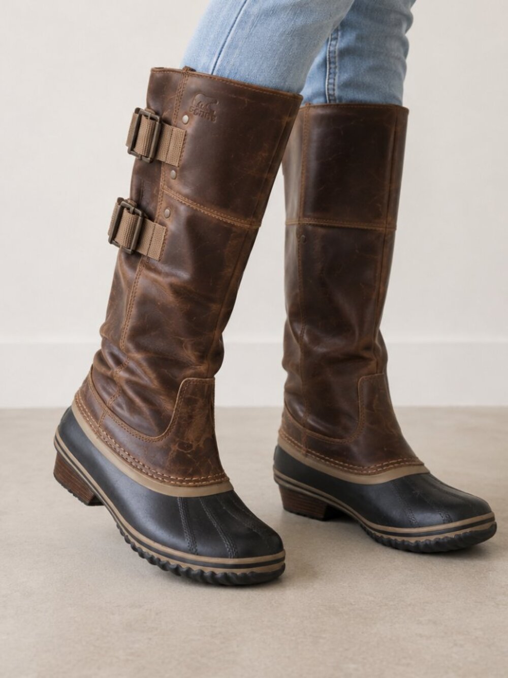 Sorel Slimpack Tall Riding Boots Women 6.5 Brown Leather Waterproof Buckle